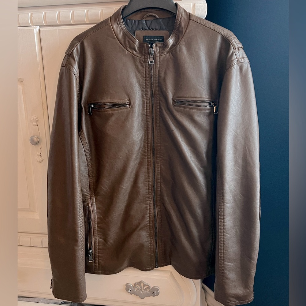 Pronto Uomo Men’s Brown Faux Leather Jacket Size XXL